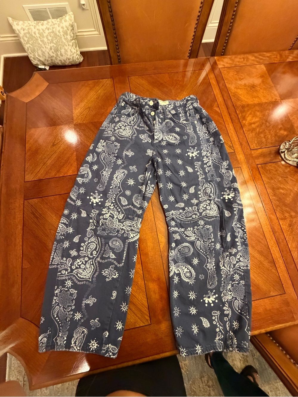Free People Wide-Leg Pants in Navy Blue with White Paisley Print